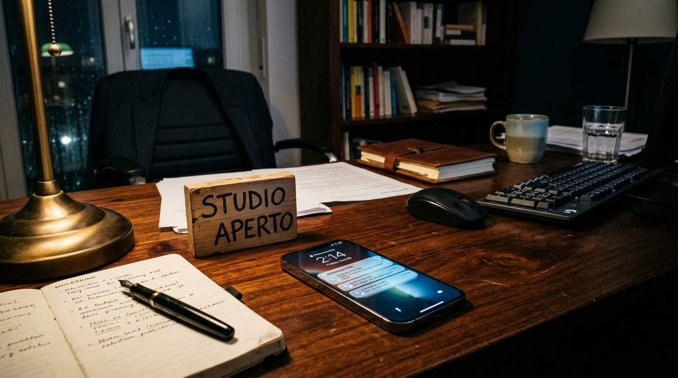 Smartphone acceso di notte sulla scrivania di uno studio professionale con notifiche di messaggi fuori orario dai clienti sanguisuga
